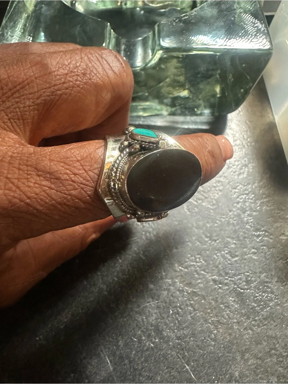 Tibet customBold Silver Statement Ring Black Onyx  Turquoise Accent adj. UNISEX